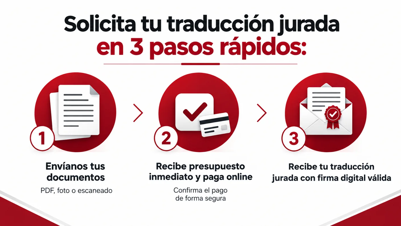 Solicita tu traducción jurada en 3 pasos: envíanos tus documentos, recibe presupuesto y paga online, recibe tu traducción jurada firmada y sellada